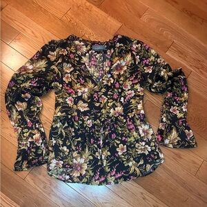 Anthropologie Black Floral V-Neck Blouse with Pink and Olive Details